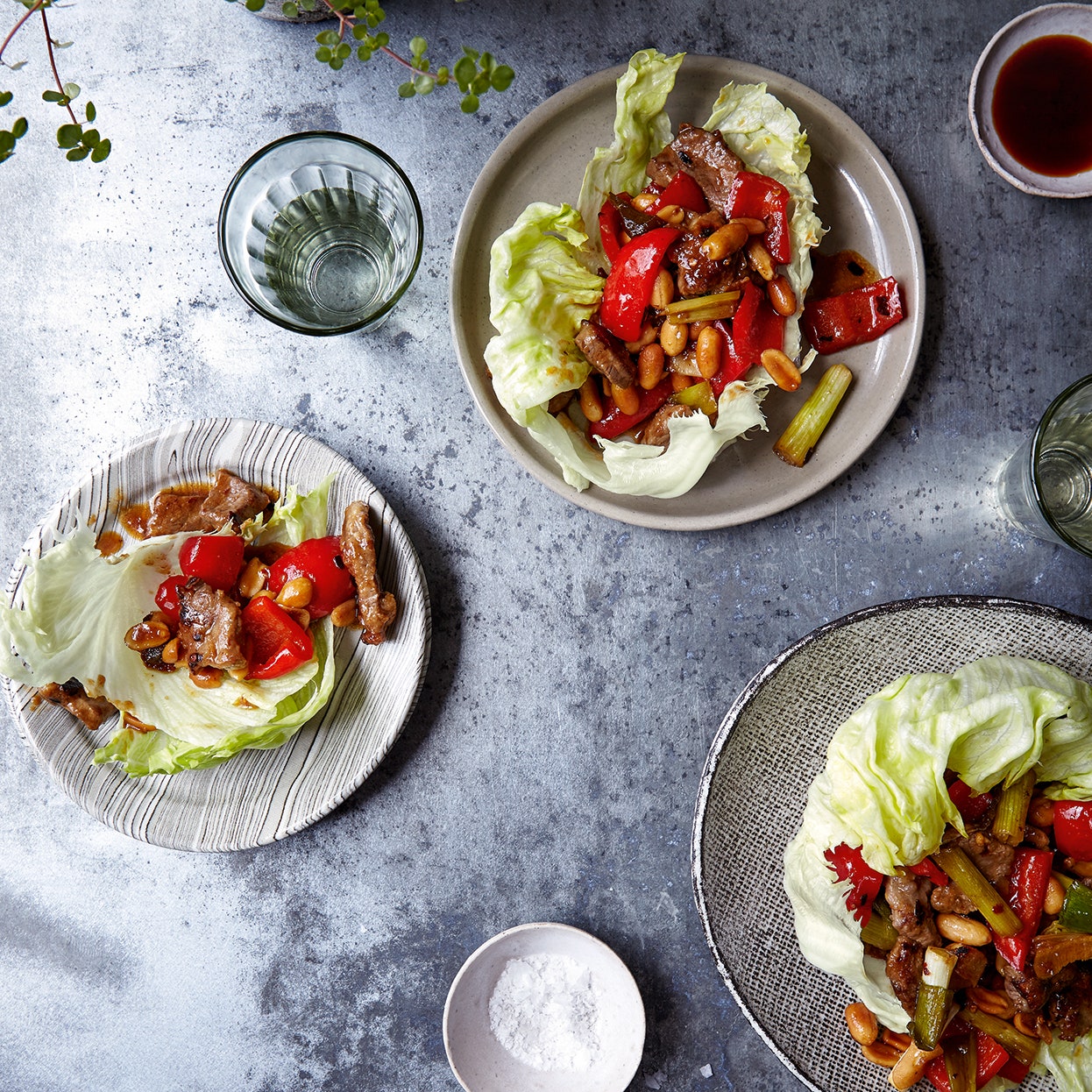 Sticky chilli beef with peanuts in lettuce