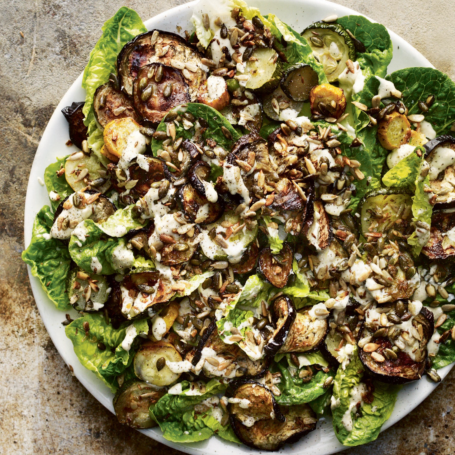 Aubergine, courgette salad with mint and tahini dressing