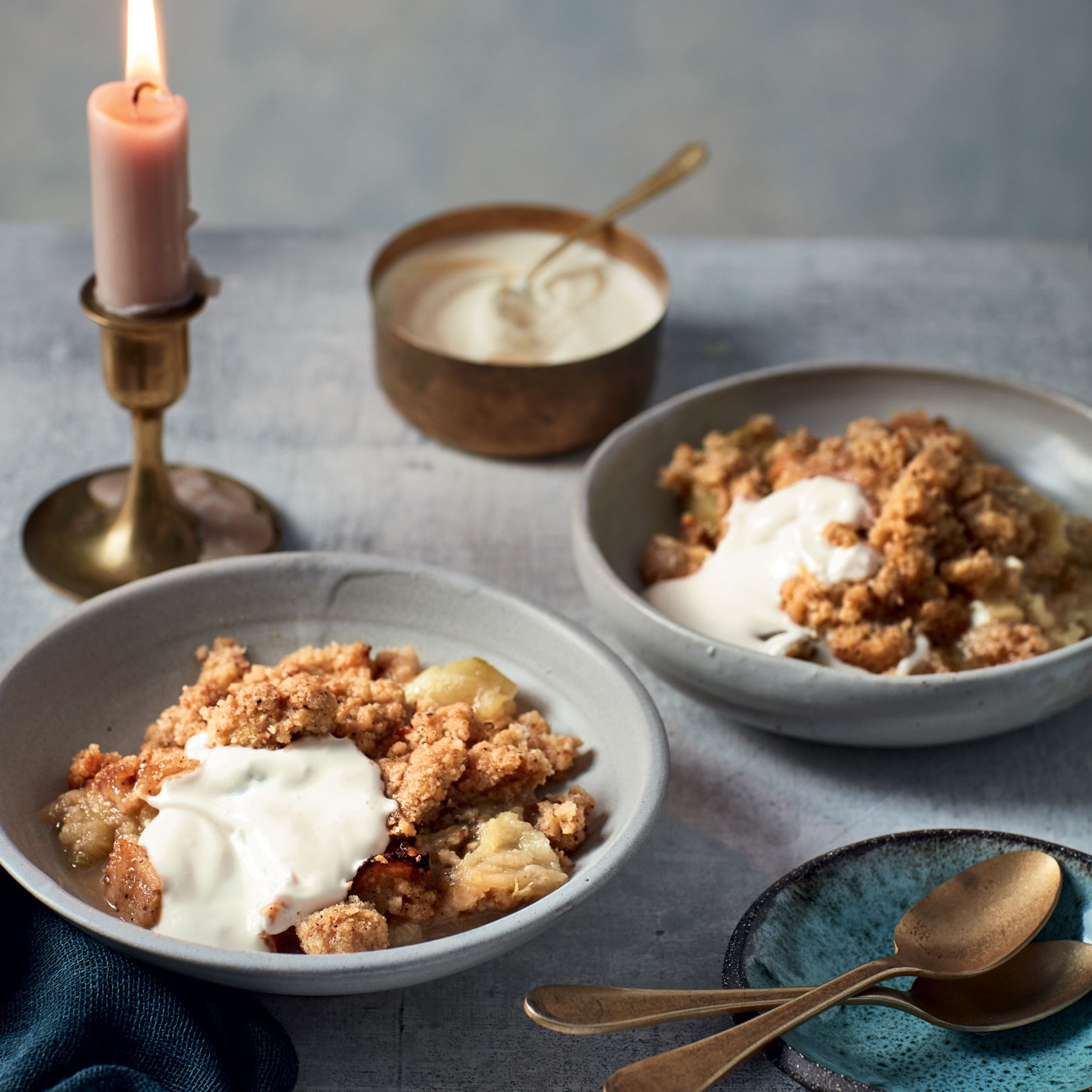 Rhubarb, apple and sumac crumble with rose cream