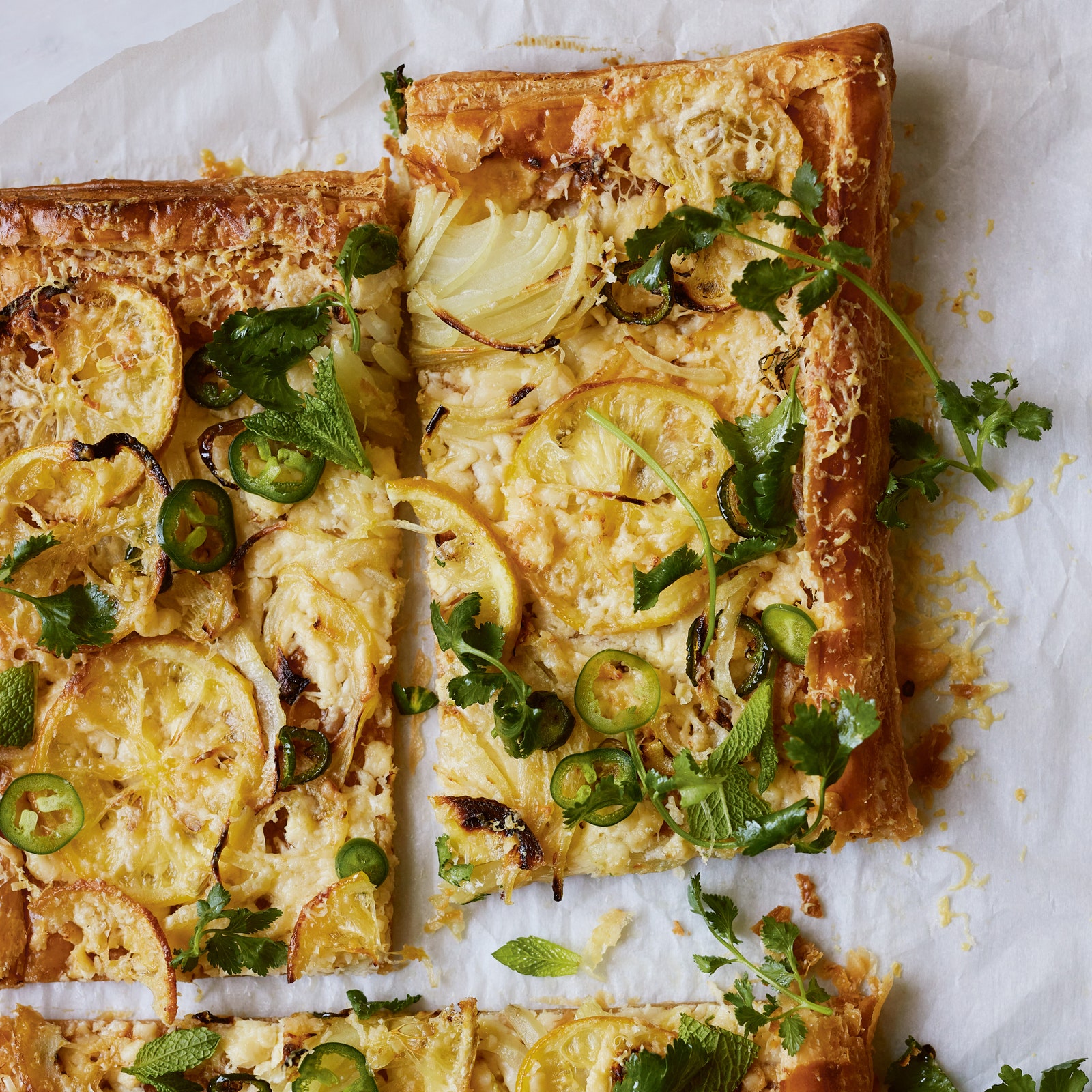 Lemon, green chilli and cheddar tart